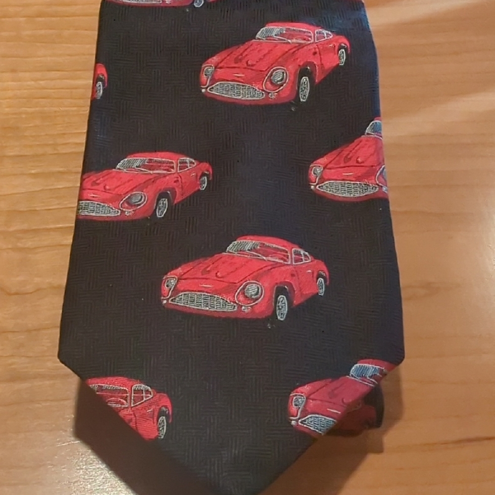 Vintage Robert Talbott Black Tie with Red Sports Car Motif.
